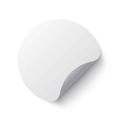 Gerçekçi, beyaz yuvarlak kağıt yapıştırıcıları kıvrımlı köşeli ve gölgeli. Beyaz arkaplanda beyaz yuvarlak etiket - stok vektörü.