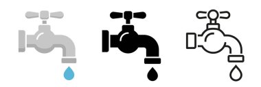 Musluk simgeleri ayarlandı. Su musluğu koleksiyonu. Banyo musluğu sembolü düz ve satır biçimi - stok vektörü.