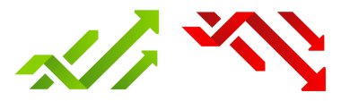 Toplam kar büyüyor ve azalıyor. İstatistiksel olarak aşağı yukarı oklar. İş büyümeleri çizelgesi. Yeşil ve kırmızı ok - stok vektörü.