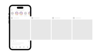 Akıllı telefon ekranında sosyal medya atlıkarınca şablonu. Uygulama arayüzü boş resimleri olan bir sosyal ağdır. Sosyal medya uygulamasının bir kopyası.