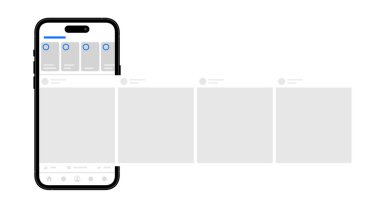 Akıllı telefon ekranında sosyal medya atlıkarınca şablonu. Uygulama arayüzü boş resimleri olan bir sosyal ağdır. Sosyal medya uygulamasının bir kopyası.