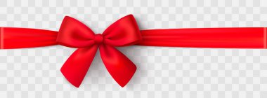 Gerçekçi kırmızı fiyonk ve kurdele. Noel parlak kırmızı saten kurdelesi. Yeni yıl hediyesi. Dekoratif kırmızı saten kurdele ve şeffaf arka planda gölge ile yay - stok vektörü.