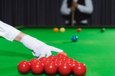 Bilardo hakemi maçın başında pembe bir top tutuyor. beyaz eldiven giyiyor