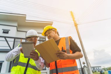 Ev inşaatı mühendisleri çevrimiçi sistem üzerinden müteahhitlerle planları bir tablet üzerinde tartışıyor.