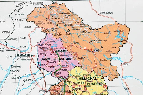 Закрыть Индийскую Карту Джамму Кашмирской Ладакхом Фокусе — стоковое фото