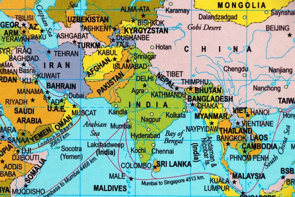 Primer Plano Mapa Del Mundo Con Lado Asiático India Subcontinental —  Fotos de Stock