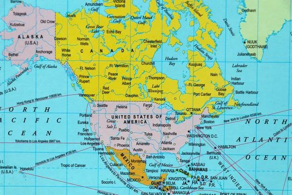 Mapa Del Mundo Con Continente Norteamericano Países Océanos Alaska América —  Fotos de Stock