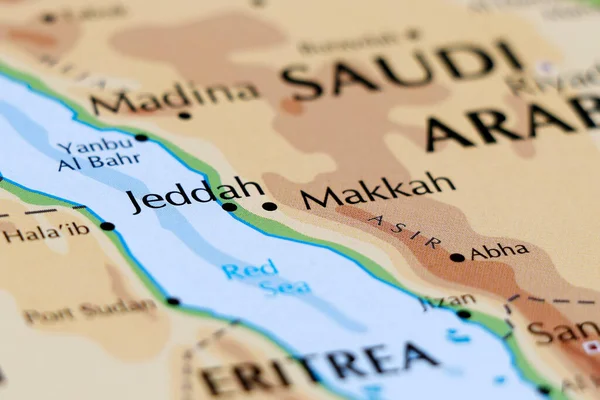 close up of a world map with saudi arabia jeddah makkah madina in focus