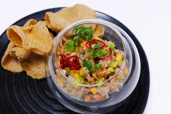 Seafood Ceviche Tartare Glass Bowl Crackers — Stock Photo, Image