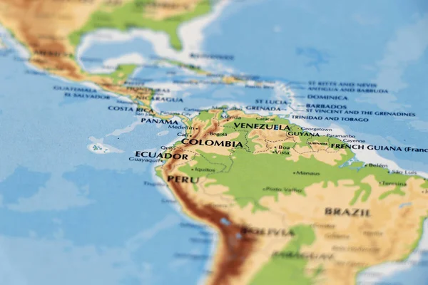 南美洲国家和哥伦比亚 委内瑞拉 厄瓜多尔 巴拿马的世界地图 重点关注 — 图库照片