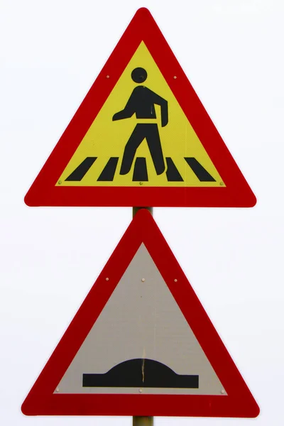 Pedestrians Walking Road Bumb Sign Yellow Red Board White Background — Stock Photo, Image