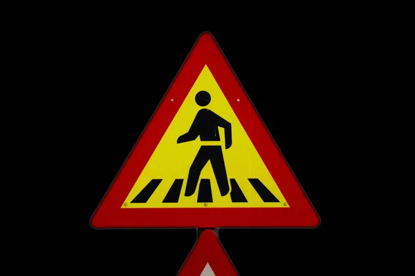 Sign Pedestrians Walking Road Yellow Red Board Black Background — Stock Photo, Image