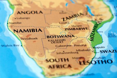 Dünya Haritası Orta ve Güney Afrika, Zimbabwe, Botswana, Namibya, Mozambik ülkeleri