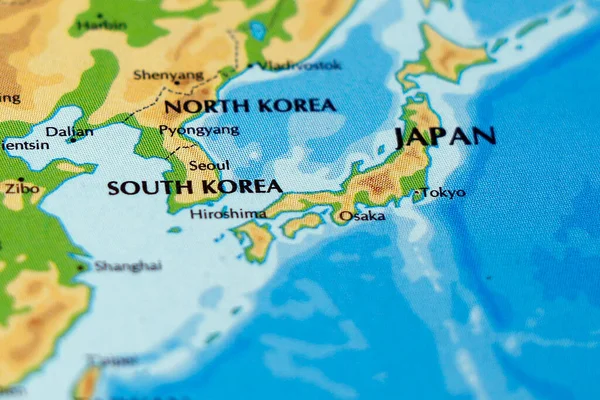 world map or atlas of east asia, korea japan countries in close up