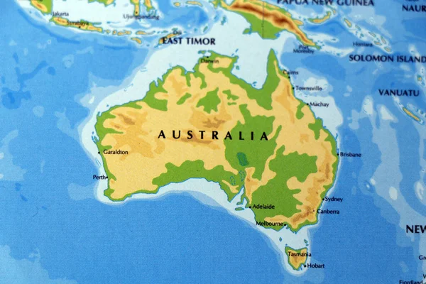 Australia Continente Mapa Atlas Con Tasmania Timor Oriental Foco — Foto de Stock