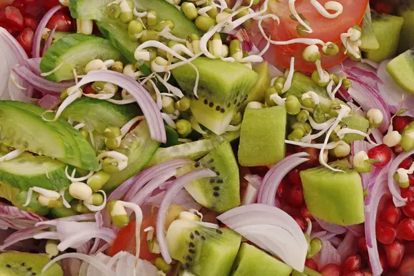Gesunder Sommersalat Mit Sprossen Salat Tomaten Äpfeln Zwiebeln Und Kichererbsen — Stockfoto