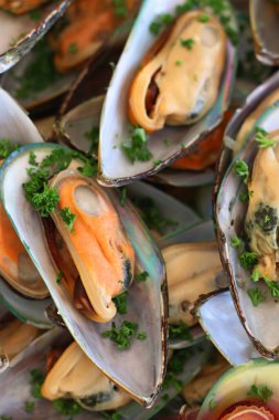 Haşlanmış ve terbiye edilmiş kabuklu yeşil midye.