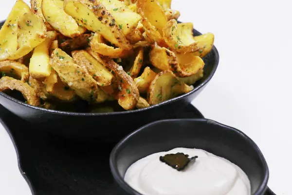 Crispy Fried Potato Chips Wedges Truffle Cream Dip — Stock Photo, Image