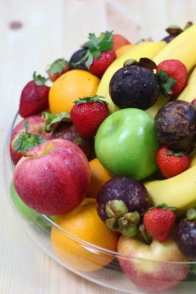 Tropical Fresh Fruits Arranged Glass Bowl — Stock Photo, Image