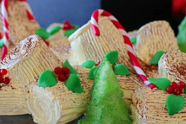 圣诞甜点 圣诞油条蛋糕加巧克力奶油和覆盆子 — 图库照片