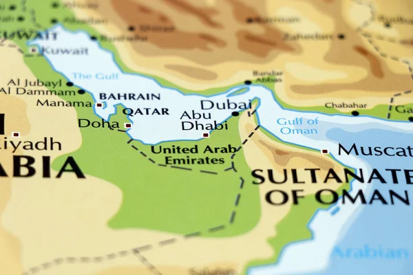 world map of middle east countries, qatar, oman, united arab emirates, bahrain, dubai, abu dhabi, manama, doha in close up