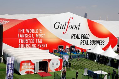 Dubai, united arab emirates - February 22, 2024 largest culinary food and beverage exhibition about sustainability kitchen at gulfood event clipart