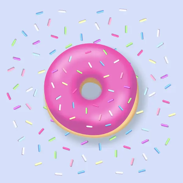 美味的粉色釉面甜甜圈 蓝色底色上有五彩缤纷的洒水 — 图库矢量图片