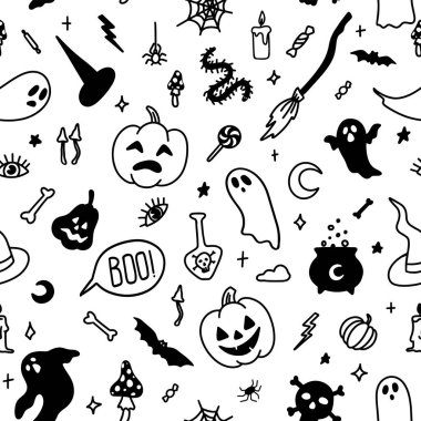 Beyaz arka planda ürkütücü cadılar bayramı partisi karalama deseni