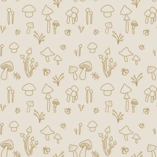seamless boho mushrooms doodle pattern on pastel beige background paper fabric