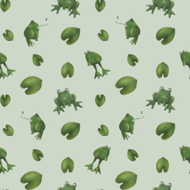 Yapraklı şirin yeşil kurbağa desenli resimleme