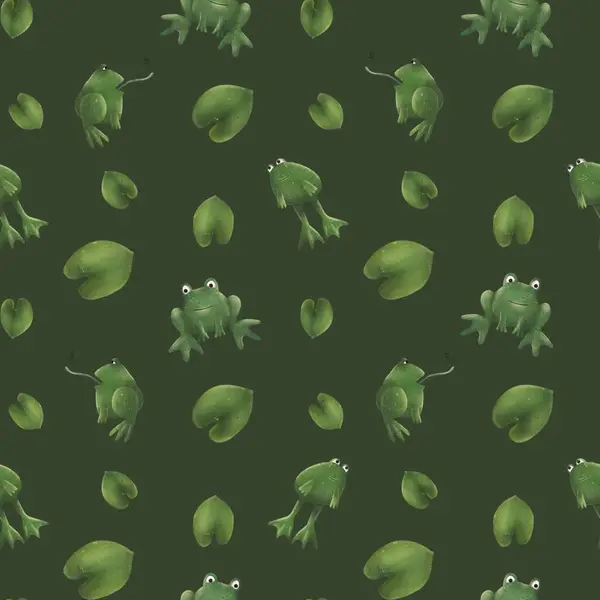 cute green frog seamless pattern illustration with leaves