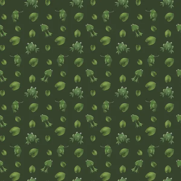 cute green frog seamless pattern illustration with leaves