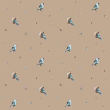 Çiçeksiz desenli mavi bej renkli suluboya kuşlar.