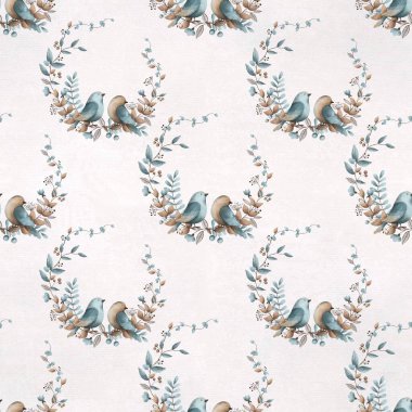 suluboya, şık, klasik, çiçeksiz desenli mavi bej kuşlar.