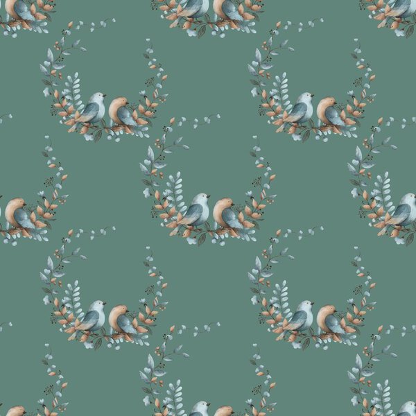 watercolor shabby chic vintage blue beige birds with floral element seamless pattern