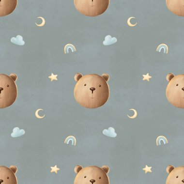Tatlı bebek odası, kahverengi ayı, ay, bulut, yıldız ve gökkuşağı desenli kusursuz.