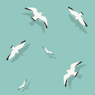 Yaz beyazı martılar sanat eseri, orta yüzyıl modern sanat, tebrik kartı, mavi arkaplan