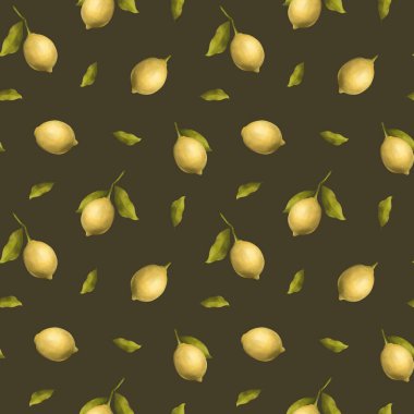 Koyu yeşil yapraklı yaz sarısı limon, el çizimi pürüzsüz desen