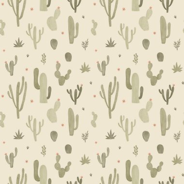 Suluboya kaktüs ve sulu dikişsiz desen, küçük pembe çiçekli yeşil kaktüs, el çizimi tekrarlama deseni, yeşil arka plan.