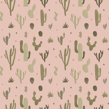 Suluboya kaktüs ve sulu dikişsiz desen, küçük pembe çiçekli yeşil kaktüs, el çizimi tekrarlama deseni, pembe arka plan.