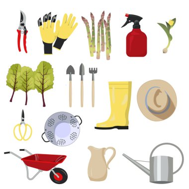 Bahçe aletleri koleksiyonu. Çiftçi araçları vektör simgeleri ayarlandı. Etiketler, logo, ağ için elementName