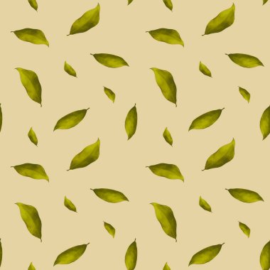 Yeşil yapraklar pürüzsüz desen, el çizimi çiçek kağıdı, yeşil çay yaprakları, limon yaprakları, bej arka plan