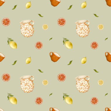  Yaz İspanyol narenciye deseni, sulu boya, klasik mutfak paslanmaz desen, seramik sürahi ve bardak, limon ve yapraklı mandalina. Paket, duvar kağıdı, kumaş ve kartpostal tasarımı..
