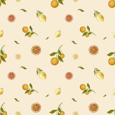 Yaz İspanyol narenciye deseni, sulu boya, klasik mutfak sade, limon ve yapraklı mandalina ambalaj, duvar kağıdı, kumaş ve kartpostal tasarımı..