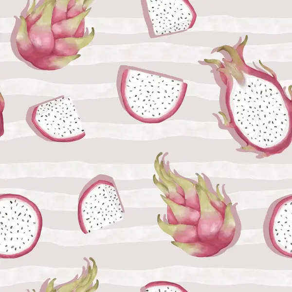 Ejderha meyveli kusursuz desen, pitaya arka planı. Yaz kapağı, kumaş tasarımı, tropikal duvar kağıdı, klasik doku için suluboya resim