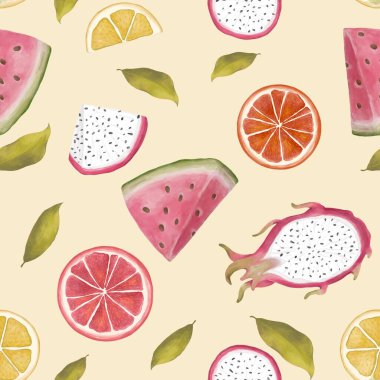 Yazın suluboya parlak renkleri karışık meyveler, desen. El yapımı suluboya pitaya, karpuz, portakal, limon, greyfurt, desensiz moda tasarımı için eskiz stili, kumaş, duvar kağıdı, ambalaj kağıdı ve tüm baskılar. Hafif arkaplan