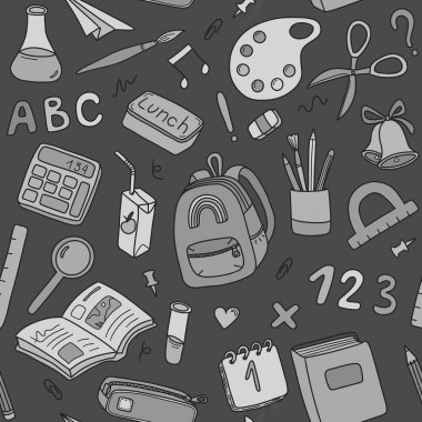 Okula geri dön. Tek renkli, pürüzsüz desen, okul malzemeleri, sabit set, kağıt baskı, okul unsurları çizgisi.