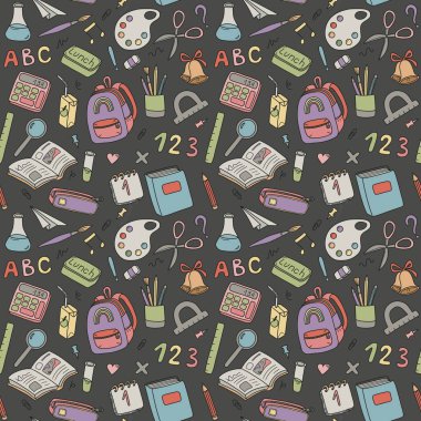 Okula geri dön. Renksiz şablon, okul gereçleri, sabit set, kağıt baskı, okul unsurları sanat modeli.