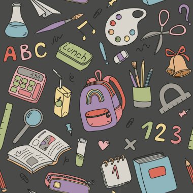 Okula geri dön. Renksiz şablon, okul gereçleri, sabit set, kağıt baskı, okul unsurları sanat modeli.