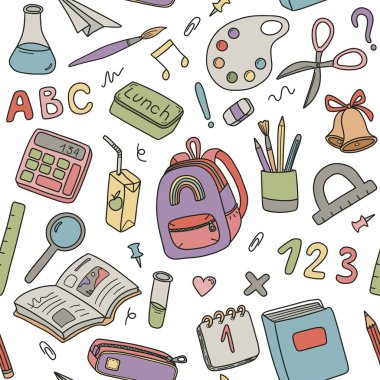 Okula geri dön. Renksiz şablon, okul gereçleri, sabit set, kağıt baskı, okul unsurları sanat modeli.